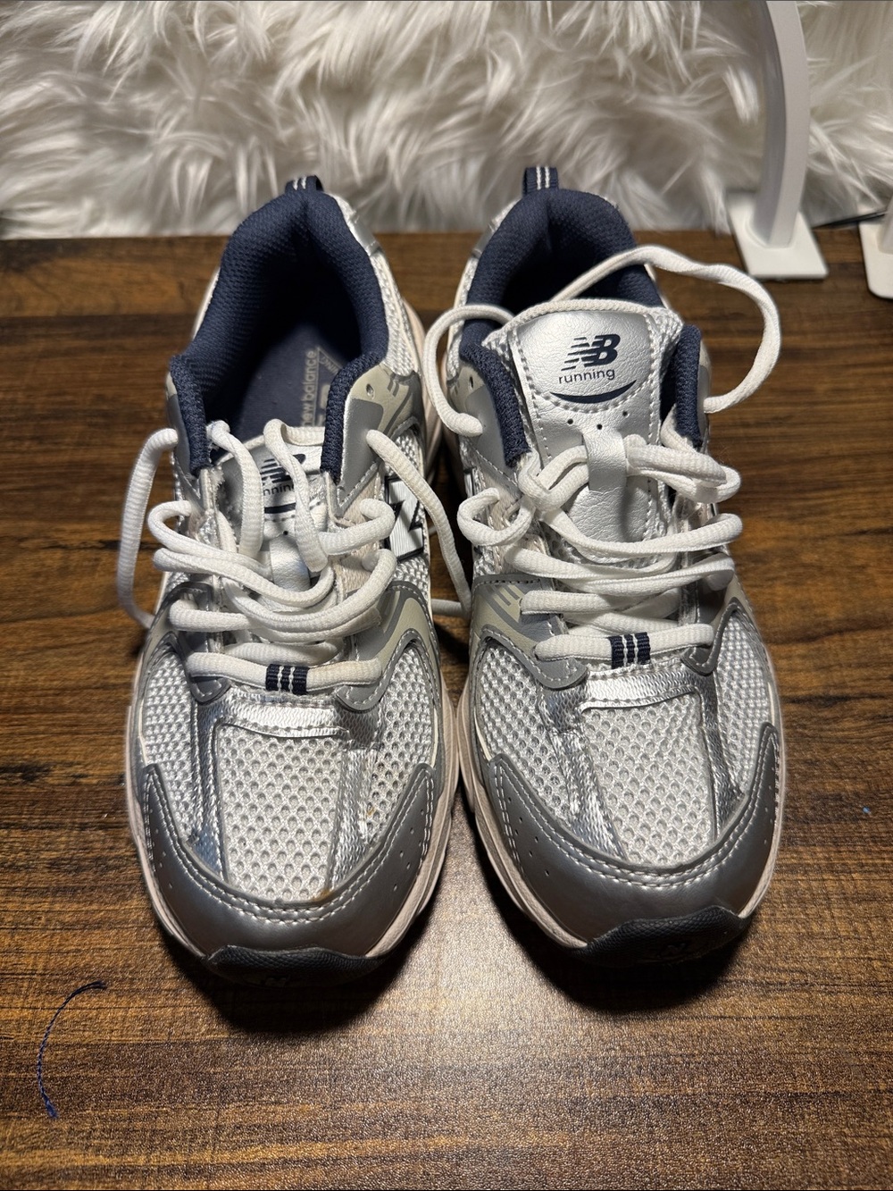 New Balance Kids White and Navy Athletic Sneakers